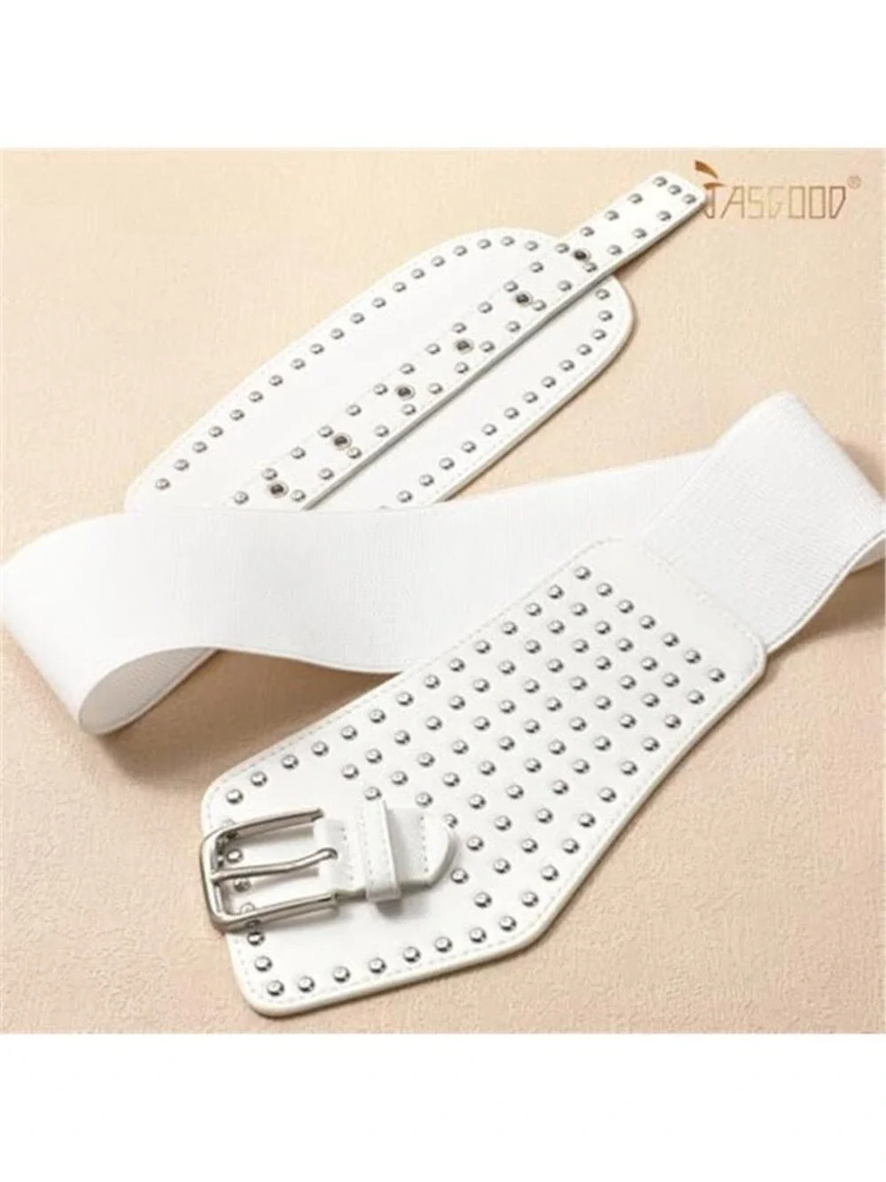 Womens Stretchy Waist Belt White Retro Studs Belts for Dress